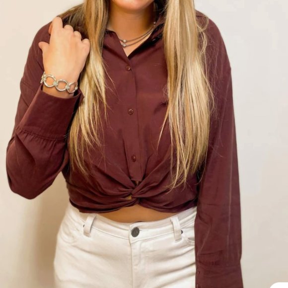 KUT FROM THE KLOTH Callie Twist Front Shirt - Deep Burgundy - Picture 2 of 5